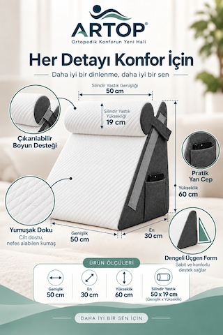Çok Amaçlı Sırt Destek Yastığı Çıkarılabilir Boyun Yastıklı, Yan Cepli, Fermuarlı Kılıflı 2 Parça Üçgen Destek Minderi Beyaz