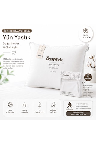 Özdilek %100 Doğal Yün Yastık 50x70 Cm Nefes Alan, Isı Dengeleyici Premium Uyku Yastığı + Su Geçirmez Yastık Kılıfı Hediyeli Krem