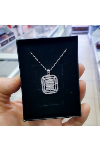 925 Ayar Gümüş Büyük Boy Baget Model Beyaz Taşlı Gümüş Kolye