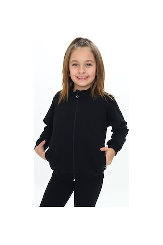 Toontoy Kız Çocuk Dik Yaka Fermuarlı Cepli Reglan Kol Örme Hırka - 2 İplik Siyah