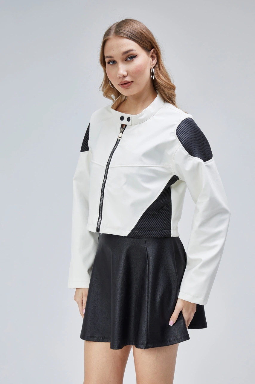 Kadın Oversize Fermuarlı Yaka Çıt Çıtlı Omuz Ve Etek Beyaz Desenli Kolej Yarışçı Ceket Motorcu Mont Beyaz-siyah