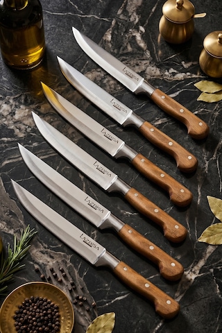 Lazbisa Mtf-048 Hand Craft Mutfak Bıçak Seti Et Ekmek Sebze Meyve Doğrama Bıçağı 6 Lı Günlük Kullanım Kırmızı