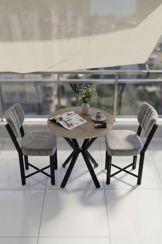 Mutfak Masası 70 Çap 2 Sandalyeli Traverten Görünümlü Balkon Bahçe Cafe Masa Seti Elma Gri