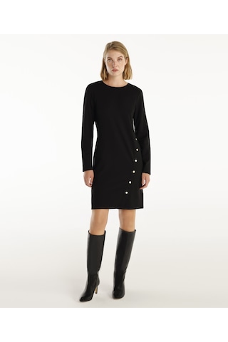Yargıcı Düğme Detaylı Uzun Kollu Bisiklet Yaka Kısa Elbise Siyah