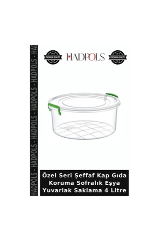 Özel Seri Şeffaf Kap Gıda Koruma Sofralık Eşya Yuvarlak Saklama 4 Litre Şeffaf - Yeşil