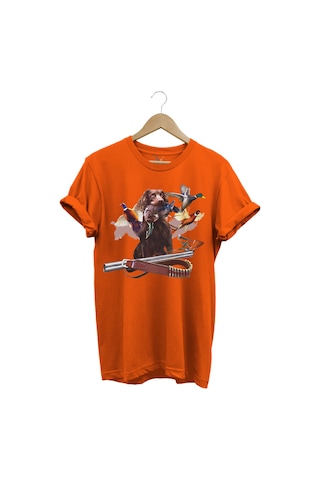 Av Köpeği Avcılık Fişek Ve Çulluk Kuşu Baskılı Vahşi Yaşam Doğa Baskılı Regular Fit Turuncu T-shirt Turuncu