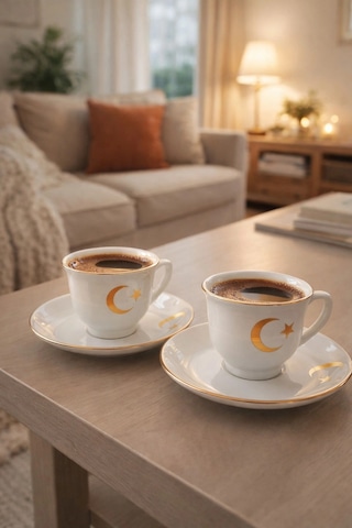 Ay Yıldız Desenli Porselen Türk Kahvesi Fincan Takımı Gold Detaylı 2 Li Kahve Fincanı Beyaz - 832106095 Beyaz