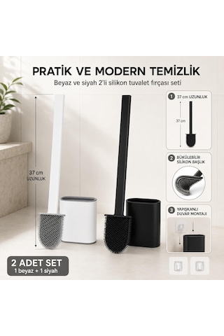 Lexroo 2li Set Beyaz Ve Siyah Renk Silikon Tuvalet Fırçası Set Bükülebilir Pratik Silikon Wc Klozet
