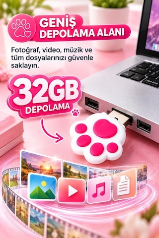 Usb Flash Bellek 32gb Kedi Patisi Görünümlü Anahtarlıklı Usb Drive Usb01 Beyaz