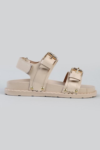Shoetek Tarisa Kadın Sandalet Bantlı Tokalı Bej Deri Bej Cilt Bej