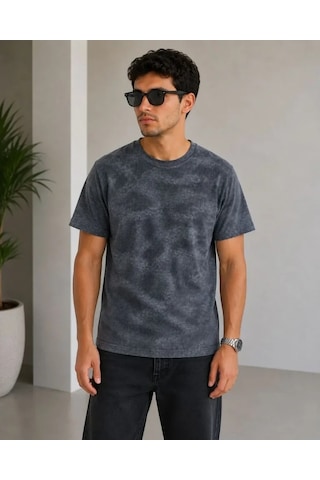 Defymoda Erkek Batik Desenli Tişört Bisiklet Yaka Kısa Kol Regular Fit T-shirt - Füme