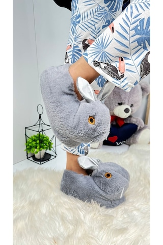 Kadın Panduf Tavşan Figürlü Peluş Ev Botu Desenli Düz Taban Rahat Hafif 359 Gri