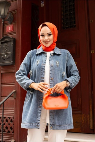 Harman Butik Kadın Kristal Taş Detay Denim Kot Ceket Mavi Mavi