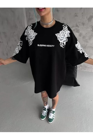 Efnaz Style Unisex Flok Kabartma Baskılı T-shirt - Siyah