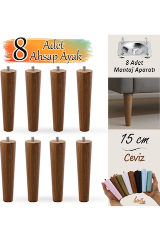 8 Adet Ahşap Ayak 15 Cm Ceviz M8 Civatalı Bağlantı Aparatlı Dolap Mobilya Koltuk Kanepe Destek Ayağı Ayakları Ceviz