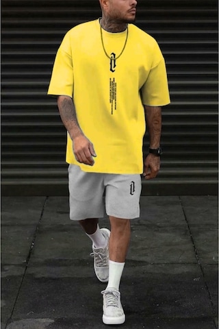 Dikey T-shirt Şort - Sarı Gri Alt Üst Kombin Şort Tişört Takım Baskılı Oversize Bisiklet Yaka Sarı Gri