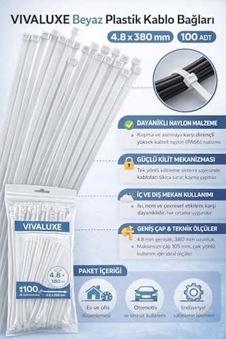 Plastik Kablo Bağı 300mm 30cm , Dayanıklı Naylon Cırt Kelepçe, Beyaz Renk, 100'lü Paket, Güçlü Ve Esnek Kablo Genel