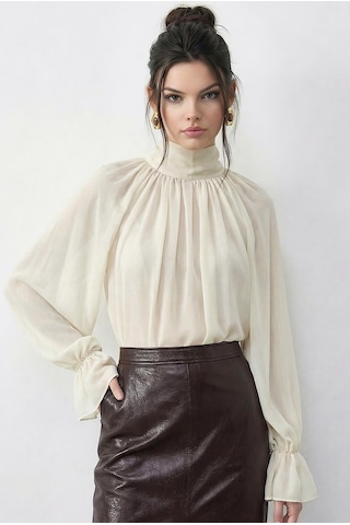 Shade Kadın Dik Yaka Pelerin Kesim Prenses Kol Şifon Bluz 0899 60286017 - Krem
