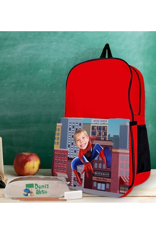 Bk Gift Kişiye Özel Süper Kahraman Tasarımlı Kırmızı Okul Çantası Ve Kalemlik Hediye Seti-1