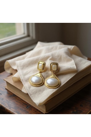 Vintage İncili Pirinç Kaplama Küpe Çok Renkli