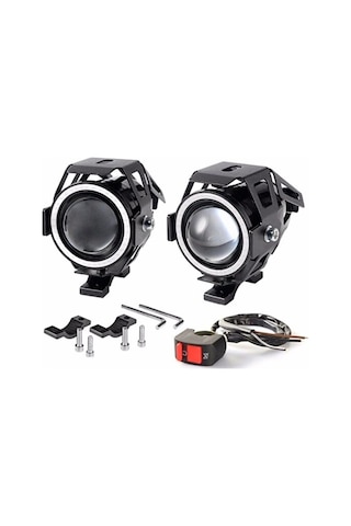 U7 Motosiklet Sis Farı Mercekli, Büyük Kafesli, Sarı Angel Işıklı Led -