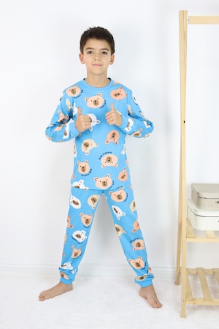 Erkek Çocuk Baskılı İnterlok Kumaş Uzun Kollu Pijama Takımı Açık Mavi