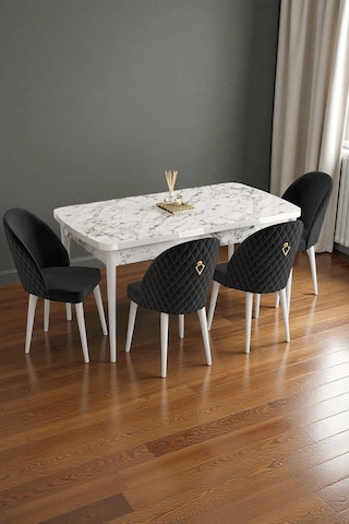 Mura Beyaz Mermer 80x132 Açılabilir Mdf Masa Yemek Odası Takımı, Mutfak Takımı 4 Adet Sandalye Siyah