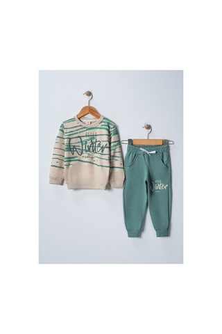 Veramoni Hello Winter Baskılı Uzun Kollu Lastikli Bel Cepli Unisex Çocuk Alt Üst Takım Yeşil