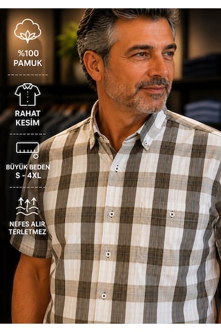Beyome Erkek Kısa Kol Kareli Gömlek Büyük Beden Xxl-4xl %100 Pamuk Nefes Alır Yazlık Açık Kahverengi