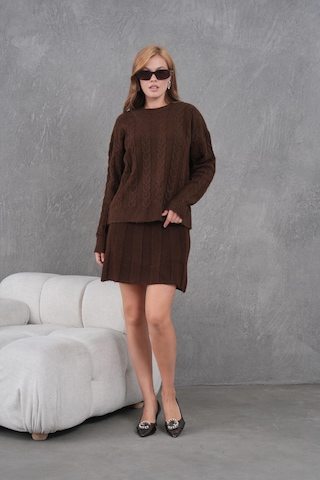 Kadın Bisiklet Yaka Saç Örgü Kazak Etek İkili Triko Takım Kahve