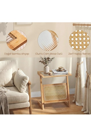 Doğal Bambu Hazeranlı Rattan Yan Sehpa Gazetelik Kitaplık Dergilik Kahverengi