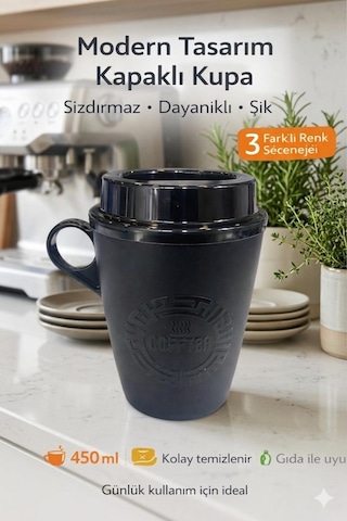 Kulplu Kapaklı Çay Kahve Bardağı Plastik - Mug Sıcak Içecek Bardağı 450 Ml Siyah