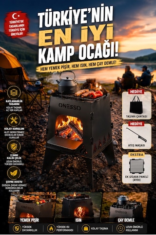 Onesso Camp Katlanabilir Ateş Kutusu Kamp Ocağı 2.5mm Kalın Çelik - Taşıma Çantası Hediyeli, Portatif Izgaralı Odun Sobası, 3'ü Bir Arada Yemek & Çay & Isınma Siyah