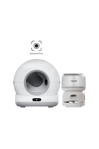 Xenon Smart Kameralı Kedi Tuvaleti Ve Mama Kabı 2'li Set Wifi, 1080p, 72l Otomatik Kedi Tuvaleti, Mobil Kontrol, Paslanmaz Çelik Mama Kabı Beyaz