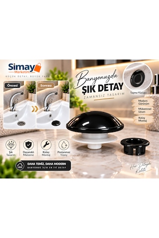 Lavabo Gider Süzgeci Bas Aç Pop-up Sistem Taşma Yüzüklü Dayanıklı Tasarım Siyah