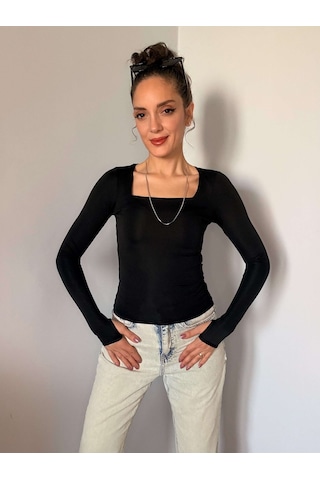 Ali Butik Siyah Parmak Geçmeli Kare Yaka Bluz Siyah