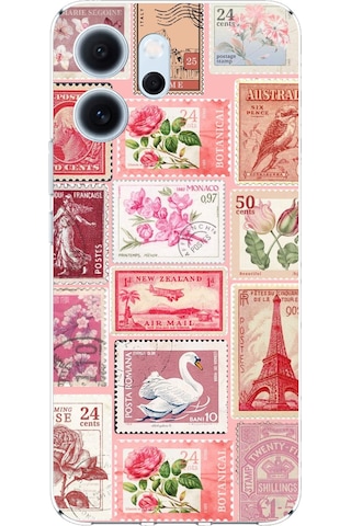 Oppo Reno 14f Uyumlu Pembe Posta Pulları Baskılı Silikon Kılıf Renkli