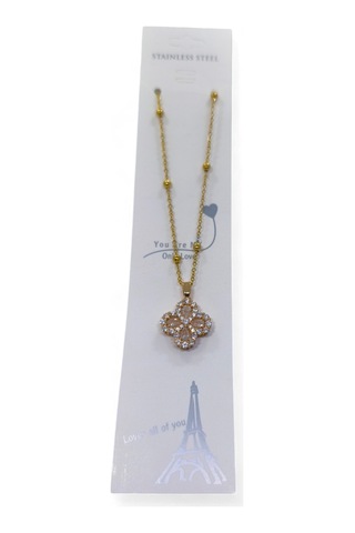 Altın Renk Beyaz Taş Van Cleff Yonca Damla Taşlı Model Top Zincir Çelik Kolye- 3717 Çok Renkli