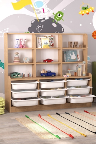 Bofigo 9 Sepetli 9 Raflı Dolap Çok Amaçlı Dolap Oyuncak Dolabı Almina Safir Meşe Açık Kahverengi