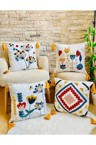 Swita Home 4'lü Kombin Punch Işlemeli Kırlent Kılıfı Panç Karışık