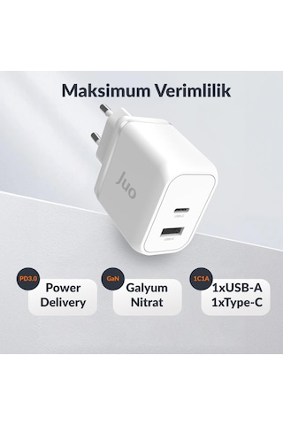 Juo 45W GaN USB-C + USB-A Şarj Aleti iPhone & iPad & Apple Uyumlu MacBook & Samsung PD Type-C Hızlı Şarj Cihazı Beyaz