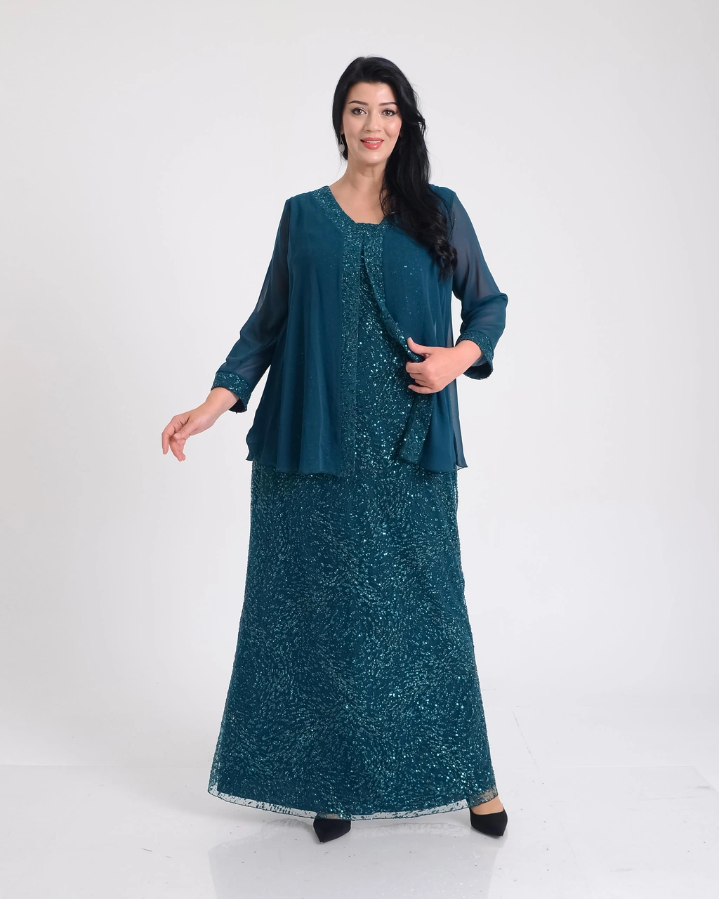 Lilas Xxl Büyük Beden Yeşil Renkli Glitter Baskı Dantelli Şifon Ceketli Uzun Abiye Elbise Yeşil