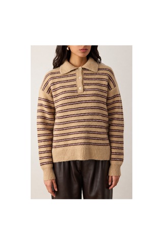 Maison Velora Kadın Camel Çizgili Basic Oversize Polo Yaka Yarım Pat Düğmeli Triko Kazak-27aj002 Bej 923050279 Bej