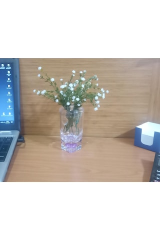 Vazoda Beyaz Yapay Çiçek Dekoratif Mor Damlalı Vazo Dahil 6 x 6 x 19 CM