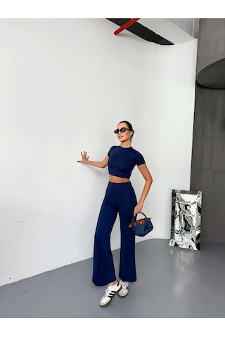 Osy Modal Yumuşak Dokulu Kumaş Kısa Kollu Crop Alt Ispanyol Paça Pantalon Ikili Takım - Lacivert Lacivert