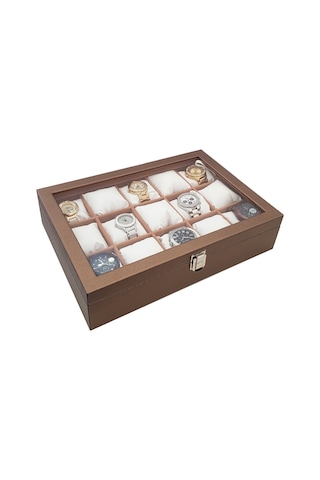 Chavin 15 Li Diamond Bronz Deri Ahşap Camlı Saat Kutusu St15-58