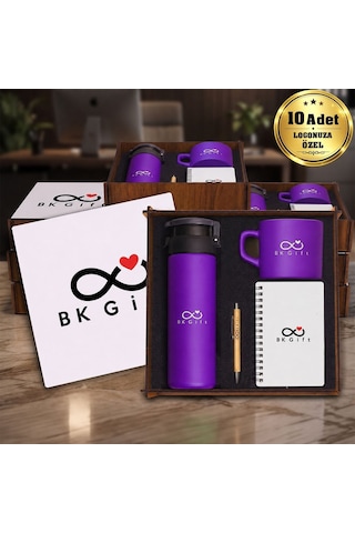 Logonuza Özel 10 Adet Ahşap Kutulu Mor Kurumsal Hediye Seti Cam Suluk, Seramik Fincan, Defter Ve Kalemli Promosyon Seti