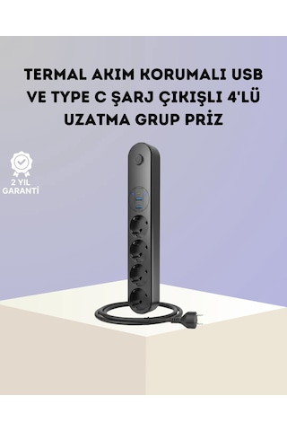 Mey İthalat Akım Korumalı Çoklu Priz 4 Lü 2 Usb 1 Type-c 2500w Güçlü Tasarım 0-2
