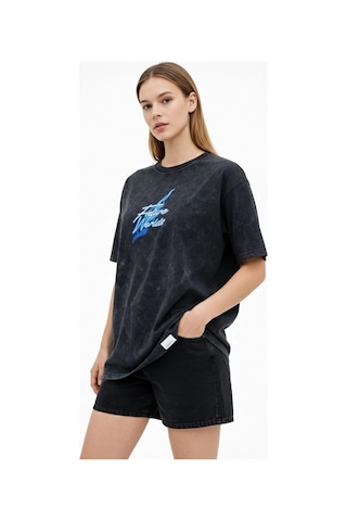 Primemagazam Kadın Asit Yıkamalı Oversize Tişört Bisiklet Yaka Kısa Kol T-shirt - Siyah Çeşitli
