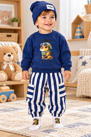 Uğur Bebe Erkek Bebek 4 Parça Kapibara Baskılı Takım Seti Sweatshirt, Çizgili Eşofman Pantolon, Şapka, Çorap Lacivert Renk Lacivert Lacivert